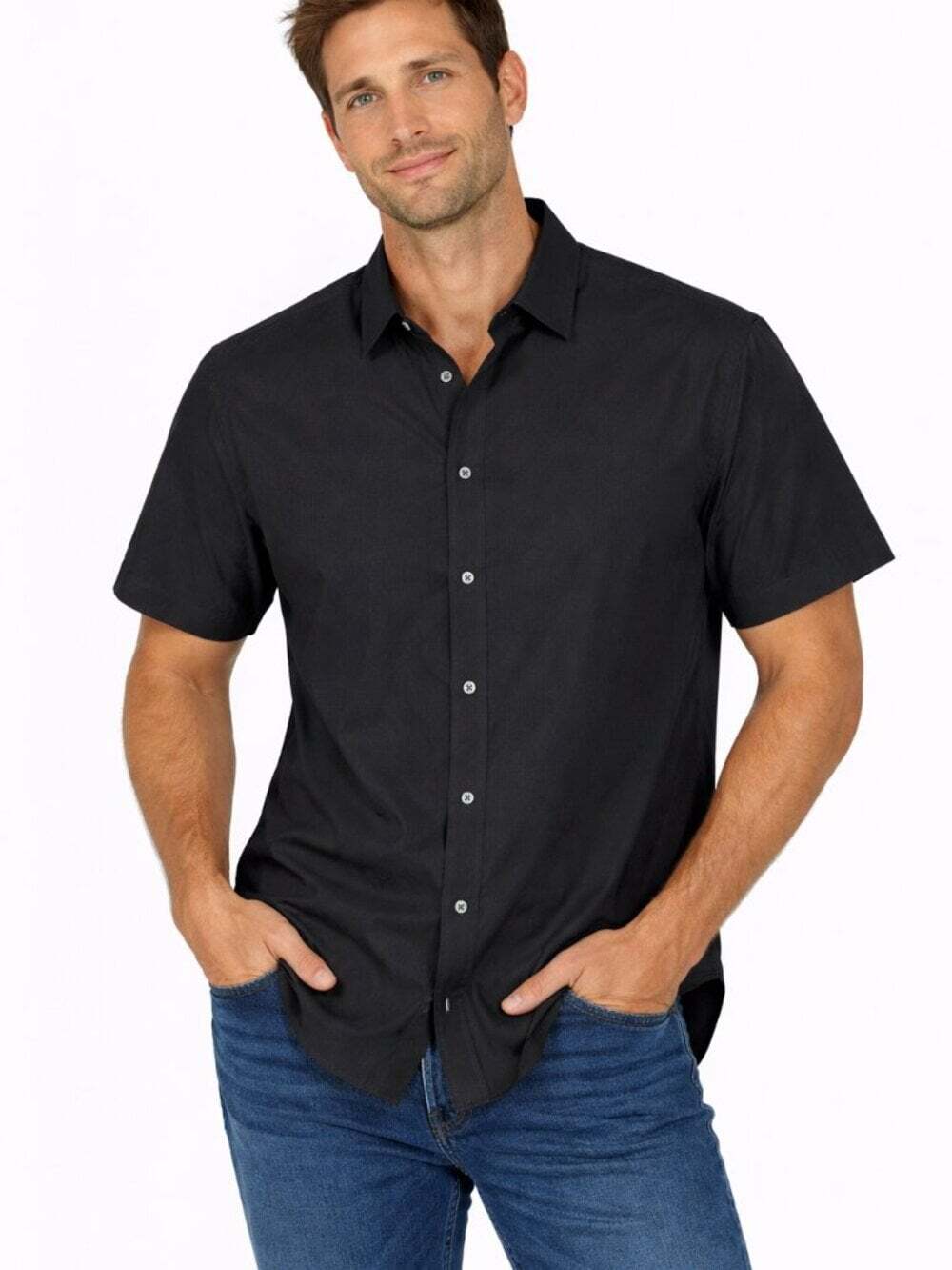 Kenneth Cole Black Button Down Shirt Slim Fit XL Short Sleeve Modern Men